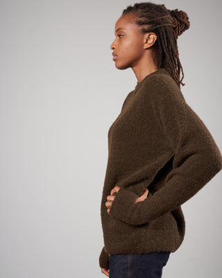 boucle alpaca sweater slit cuff easy pullover - dark loden