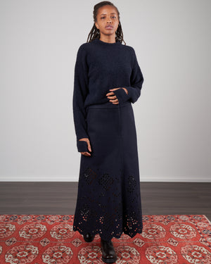Tibi Boucle Alpaca Sweater Slit Cuff Easy Pullover Dark Navy Darna