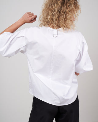 eco poplin v-neck pleated sleeve top - white