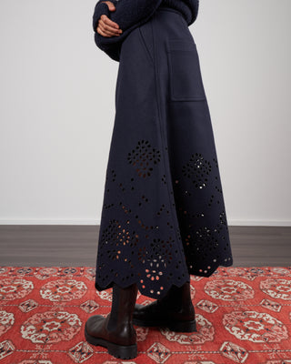 eyelet embroidery felted wool maxi skirt - navy