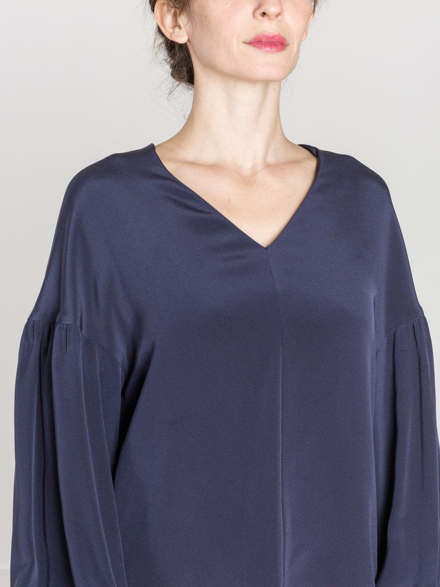 Tibi Silk Balloon Sleeve Top in Navy
