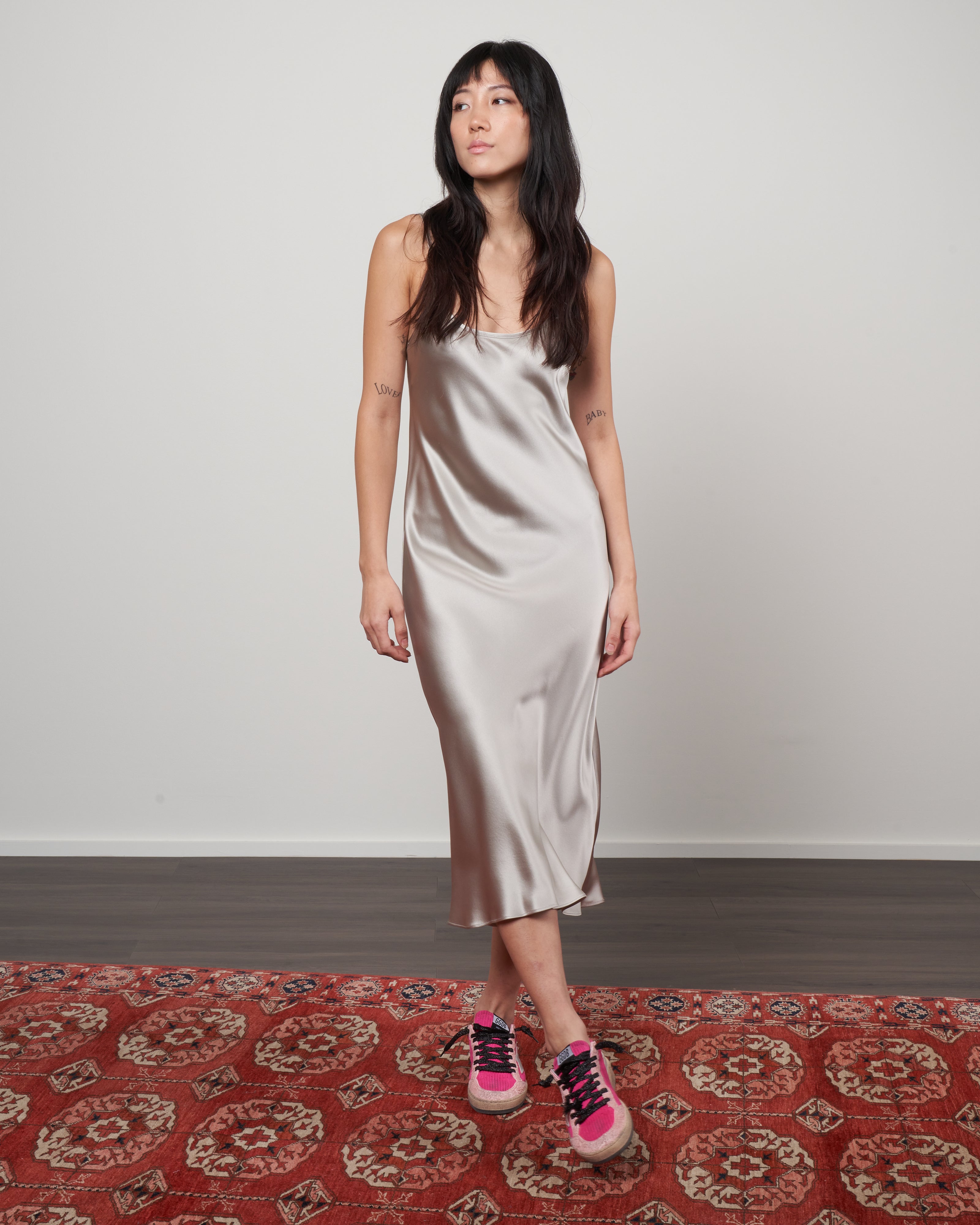 silver satin midi dress Joanna Dress