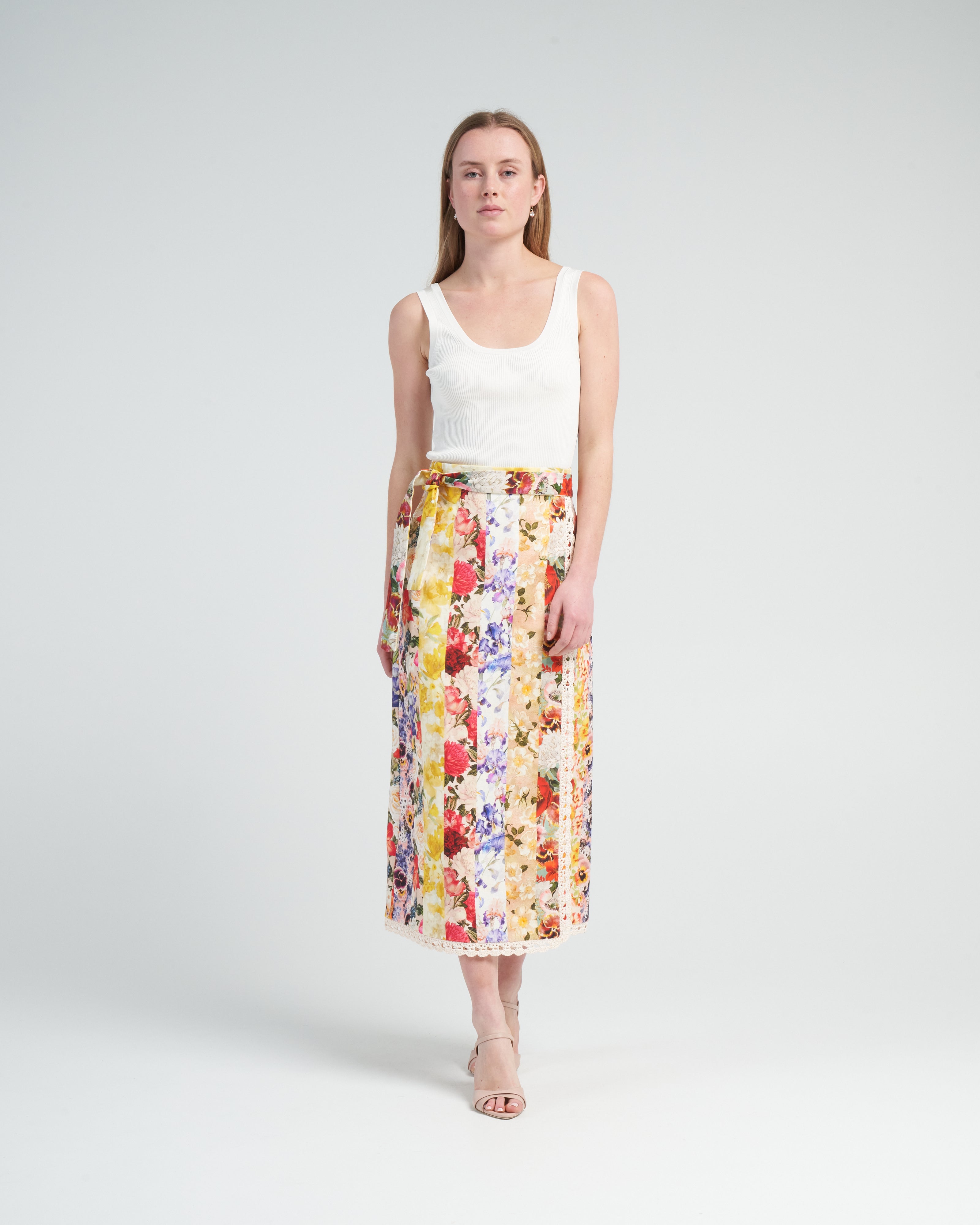 Zimmermann Wonderland Wrap Skirt Spliced Stripe Floral