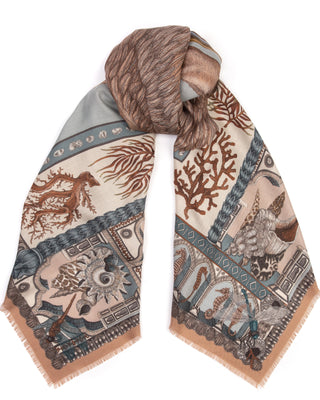 wool and silk square scarf the pelicans and the sea - coral salt