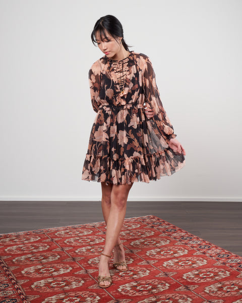 Zimmermann Concert Lace-Up Mini Dress Black Peonies Blkpeos