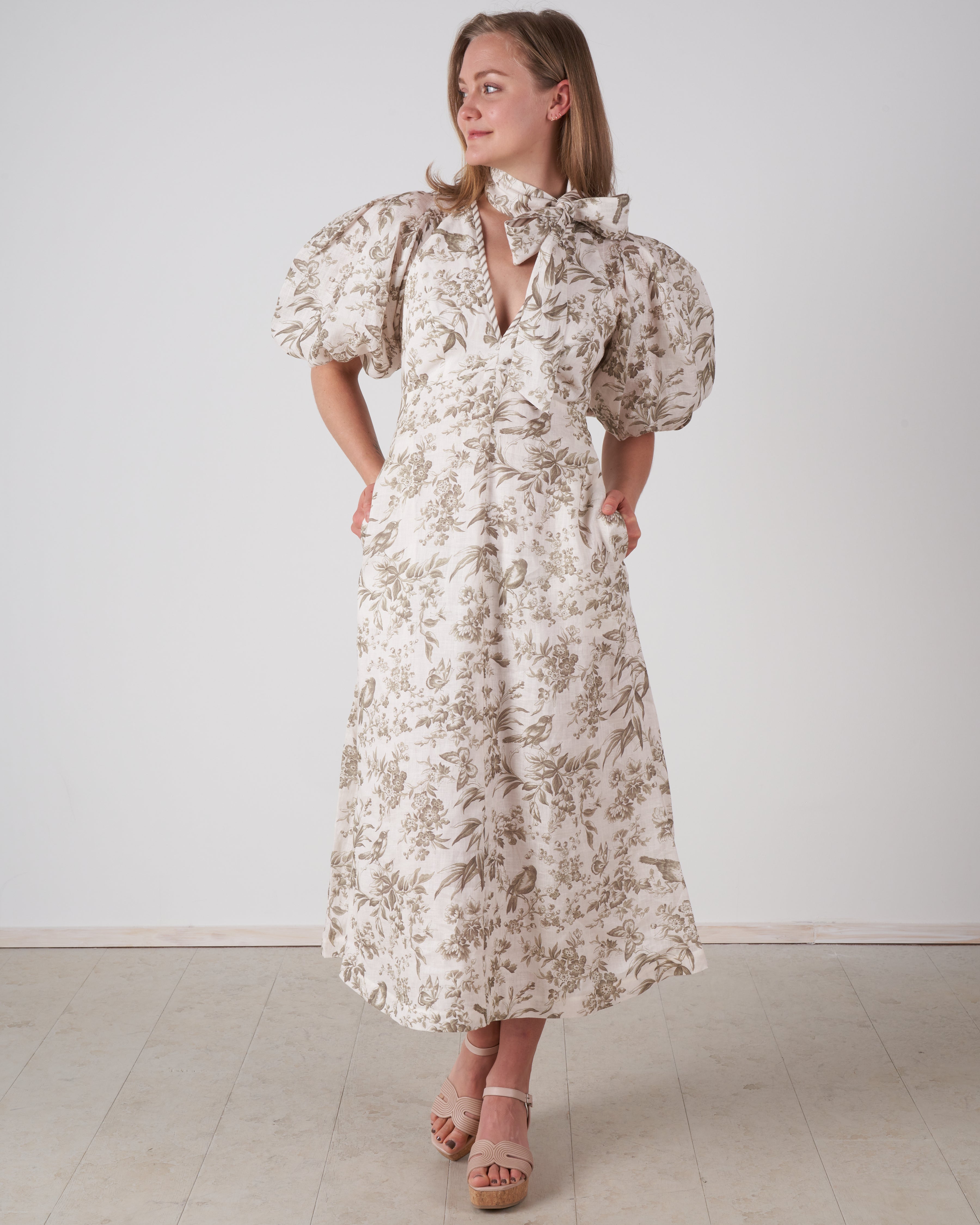 linen day midi dress - olive toile print linen day midi dress - olive toile print