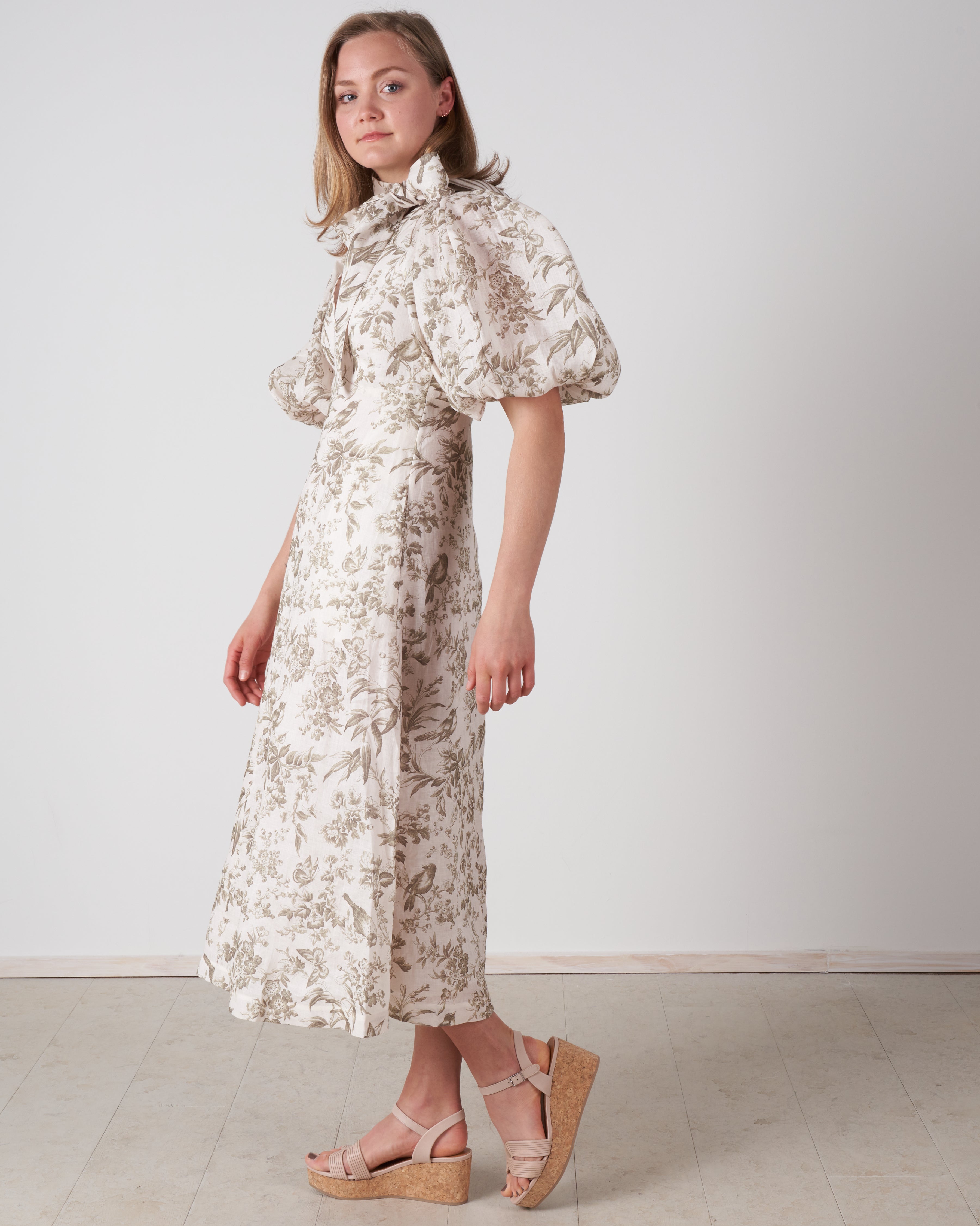 linen day midi dress - olive toile print linen day midi dress - olive toile print