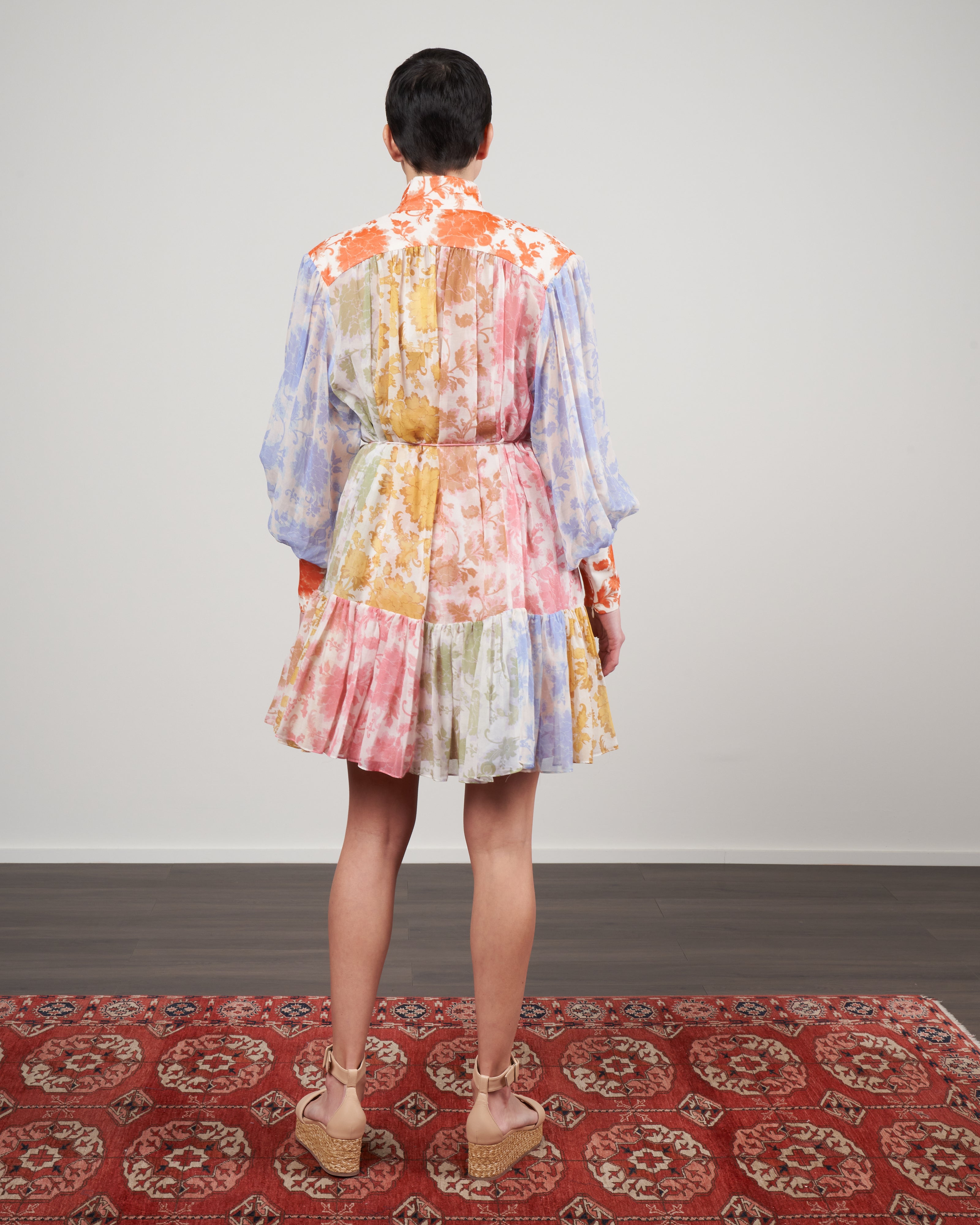 Zimmermann Postcard Lantern Mini Dress Spliced Tonal Floral Sptnfl