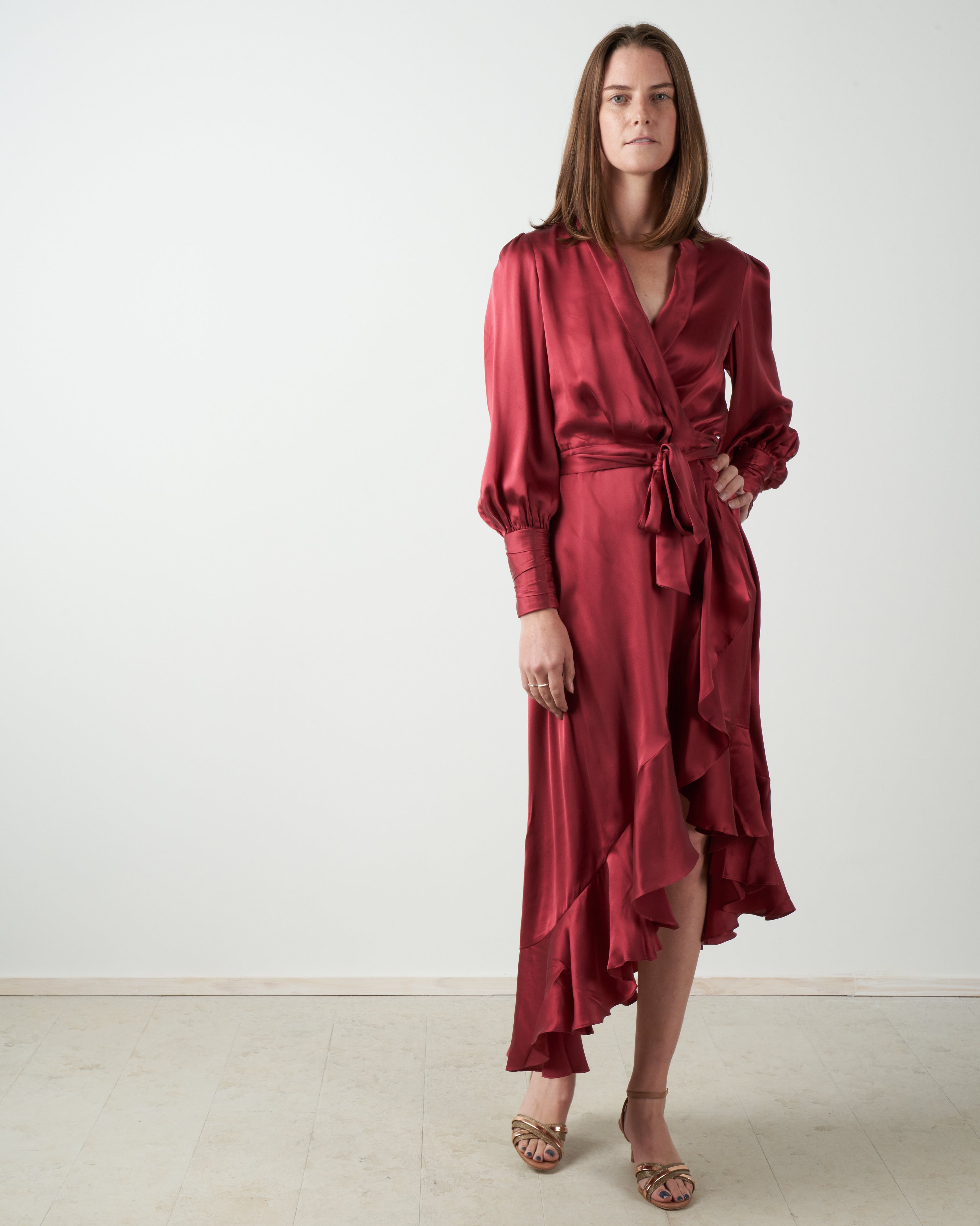 silk wrap midi dress - burgundy silk wrap midi dress - burgundy