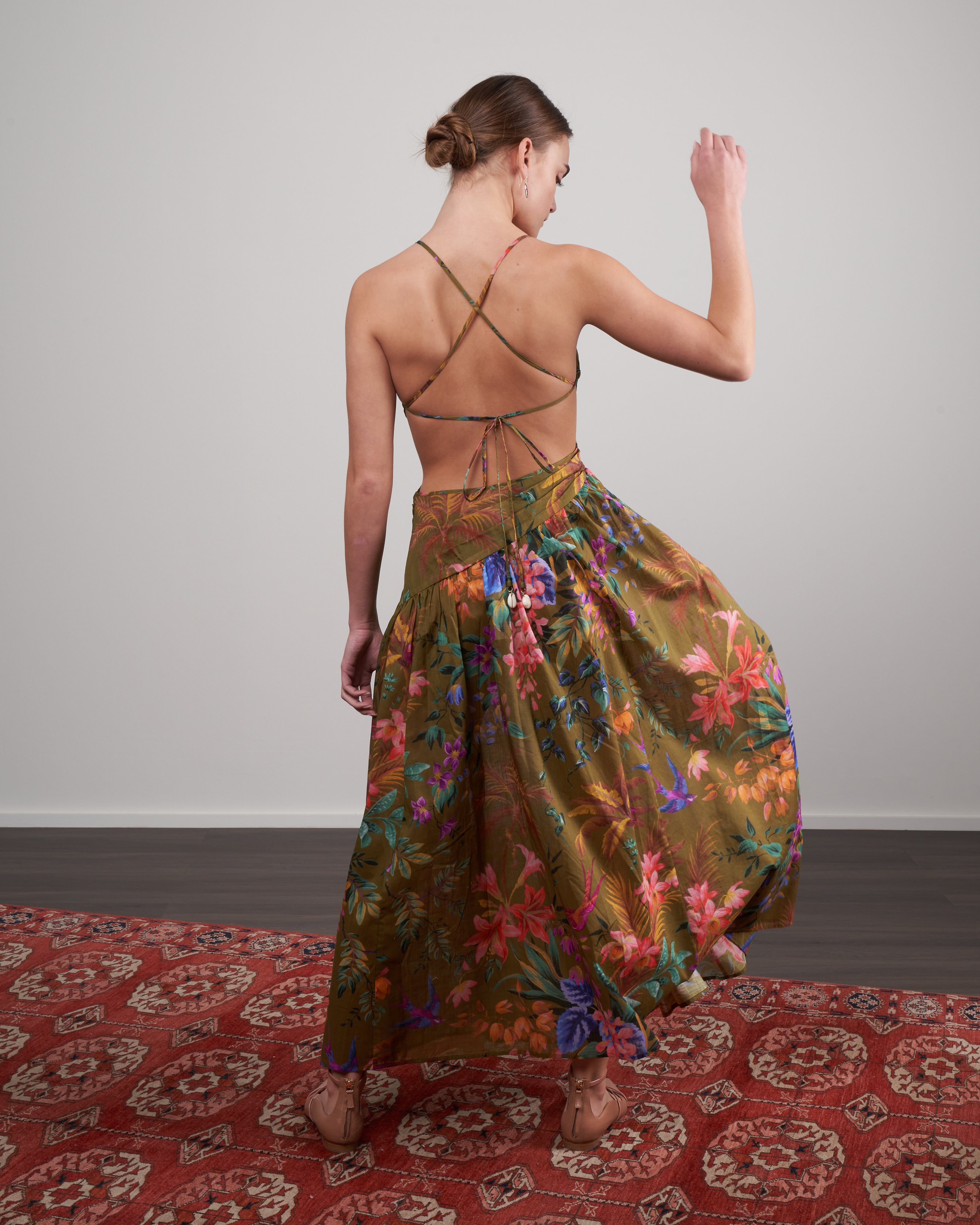 zimmermann tropicana asymmetric open back dress Zimmermann Tropicana Asymmetric Dress Khaki Floral Khf